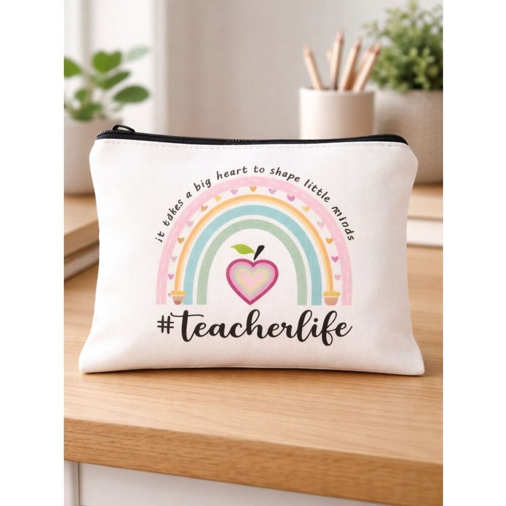 NWT Cream Canvas Pouch Rainbow Design Teacher Life- Makeup Bag - Set of 2